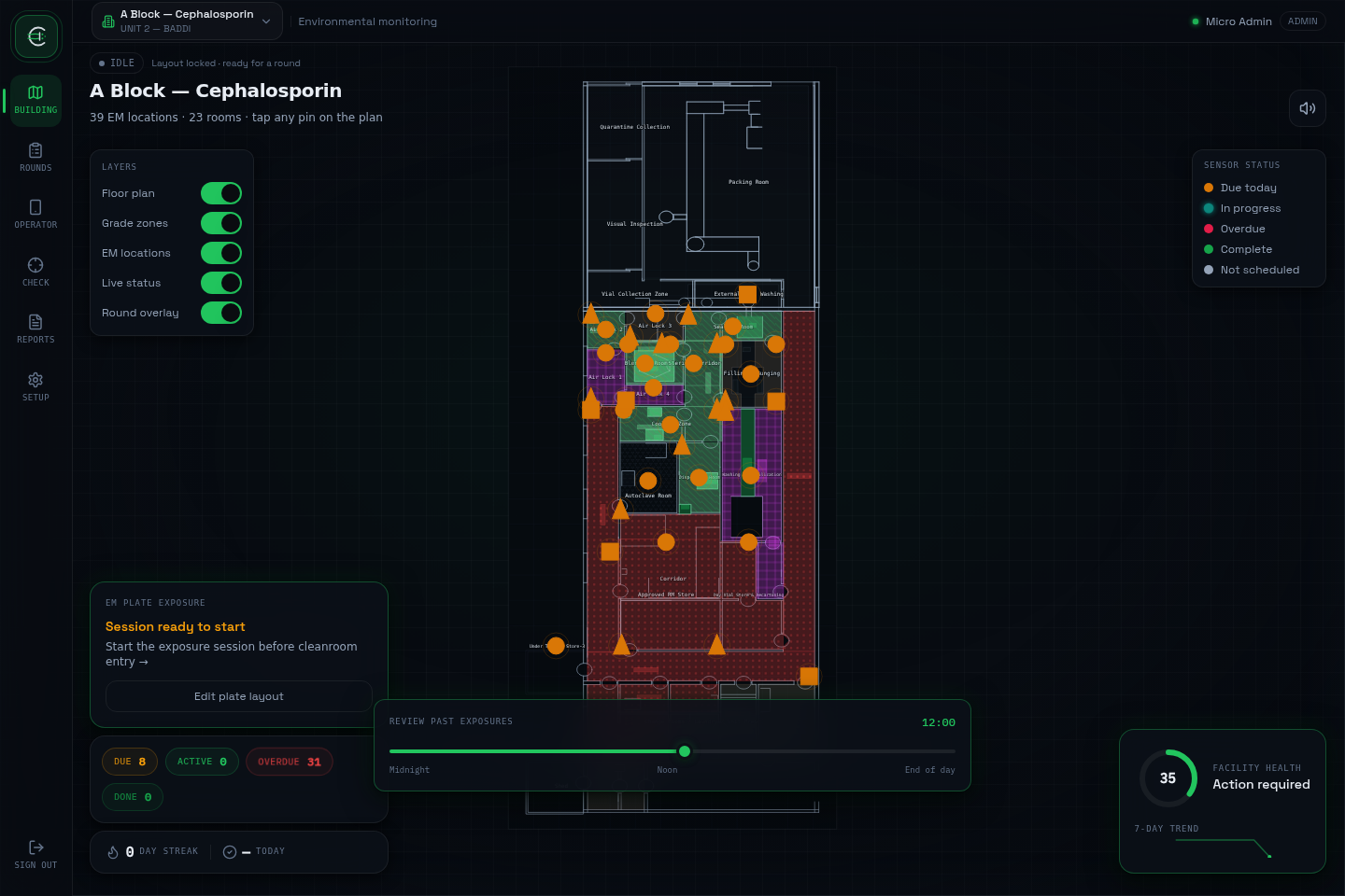 Cleanroom Tracker building view — live floor plan with EM pins and status legend