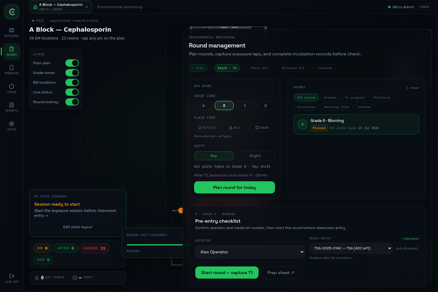 Rounds panel — plan a new round, view rounds filtered by stage